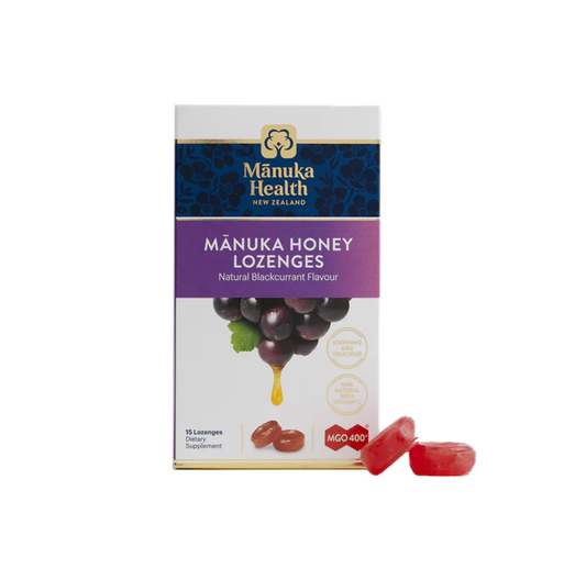 Manuka Health MGO 400+ Manuka Honey and Blackcurrant Lozenges 65g pack front view