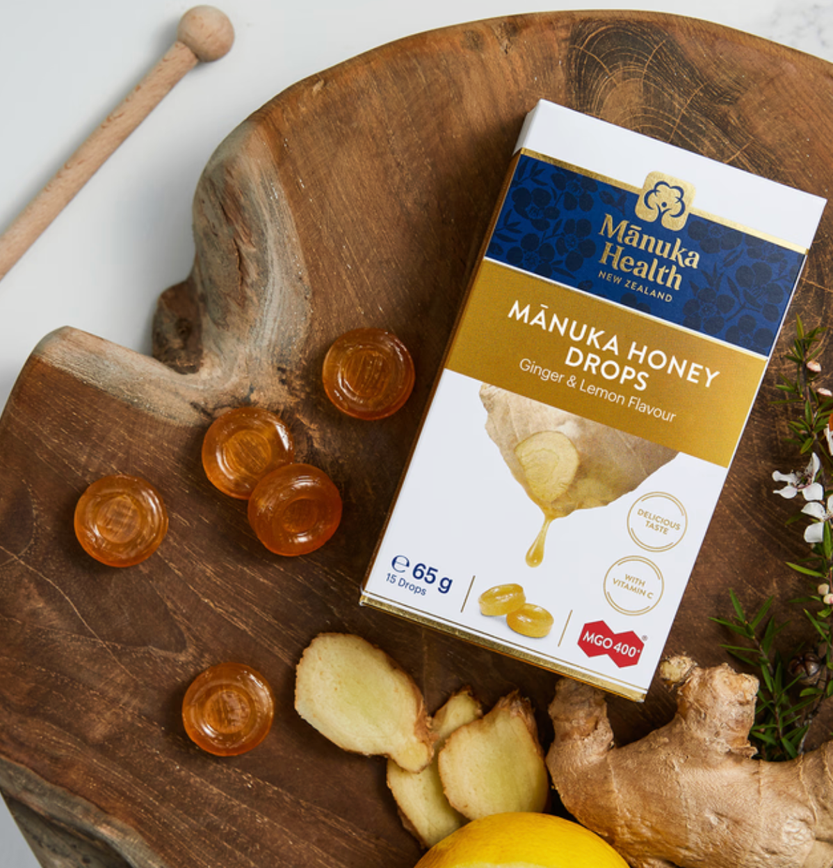Manuka Health MGO 400+ Manuka Honey Ginger and Lemon Drops 65g product range view