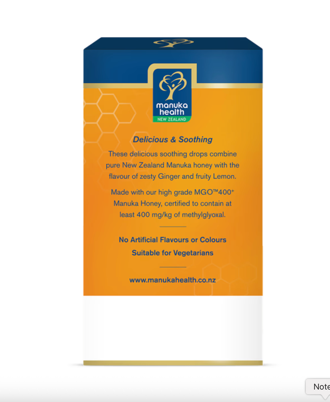 Manuka Health ginger and lemon honey drops with MGO 400+ label and ingredient detail