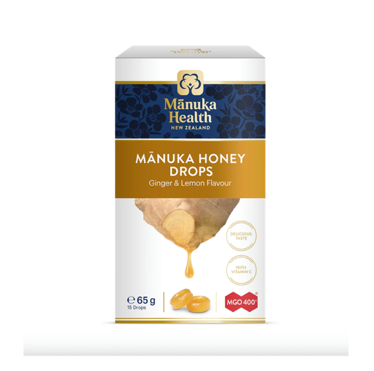Manuka Health MGO 400+ Manuka Honey Drops with Ginger and Lemon 65g pack front view