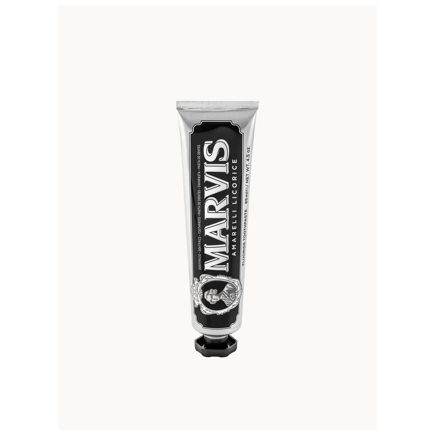Marvis Amarelli Licorice Mint toothpaste 85ml tube delivering fresh breath and plaque removal while helping maintain clean healthy teeth with a unique liquorice mint flavour