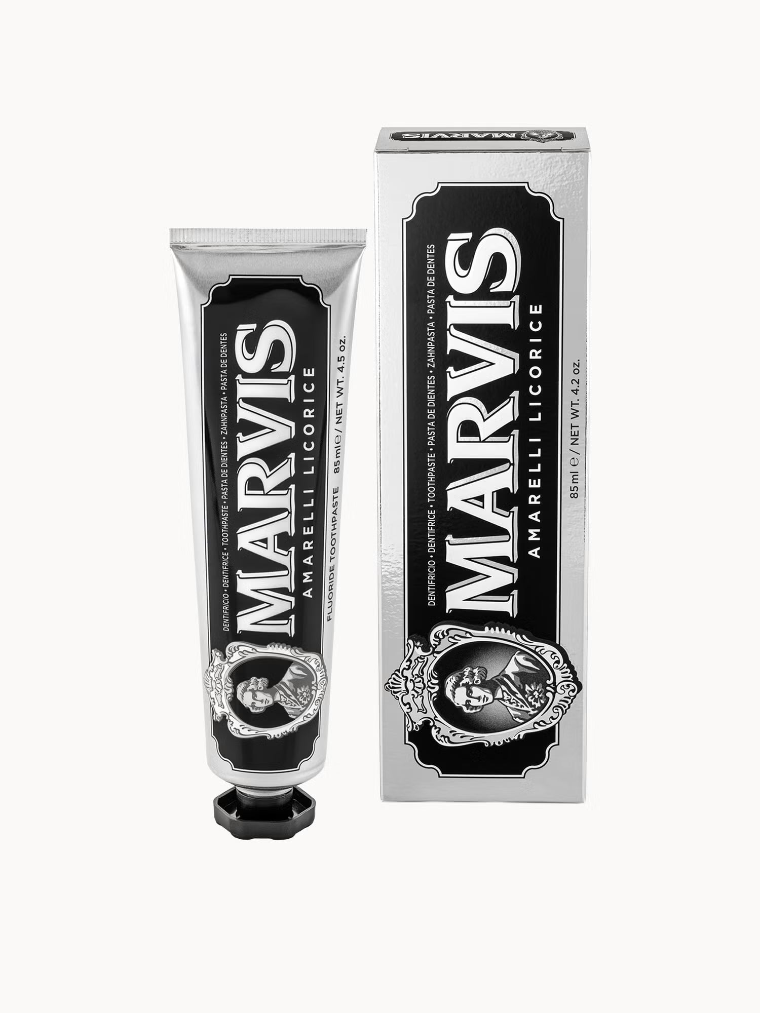 Marvis Amarelli Licorice Mint toothpaste with silica based formula helping cleanse teeth remove plaque and support oral hygiene with a distinctive aniseed mint taste