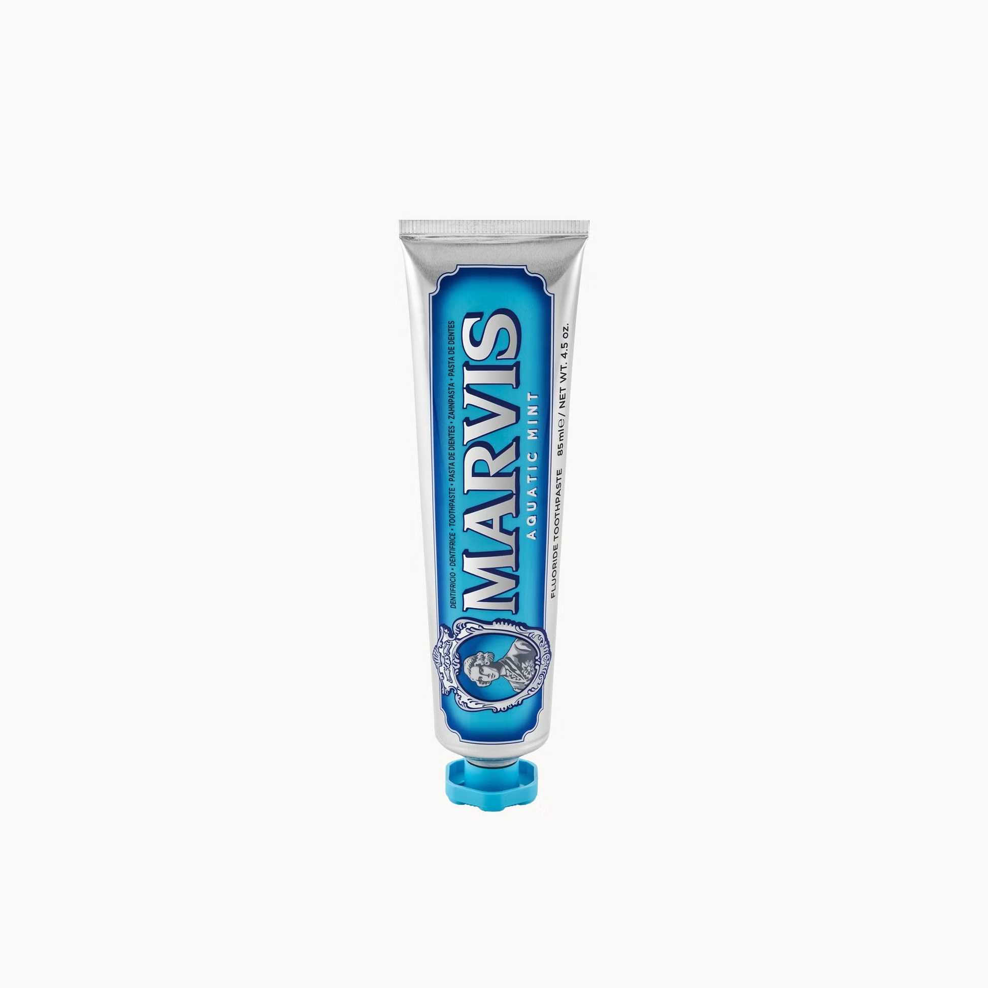 Marvis Aquatic Mint toothpaste with silica and xylitol based formula helping cleanse teeth remove plaque and support healthy gums without irritation