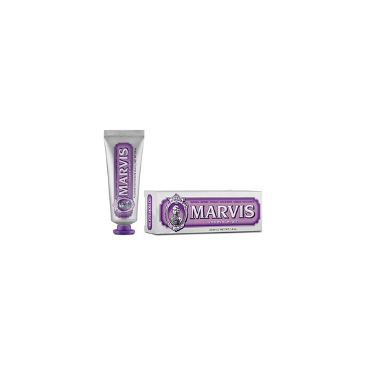 Marvis Jasmin Mint toothpaste 25ml travel size tube offering a unique floral mint flavour while helping remove plaque and keep teeth clean and fresh on the go