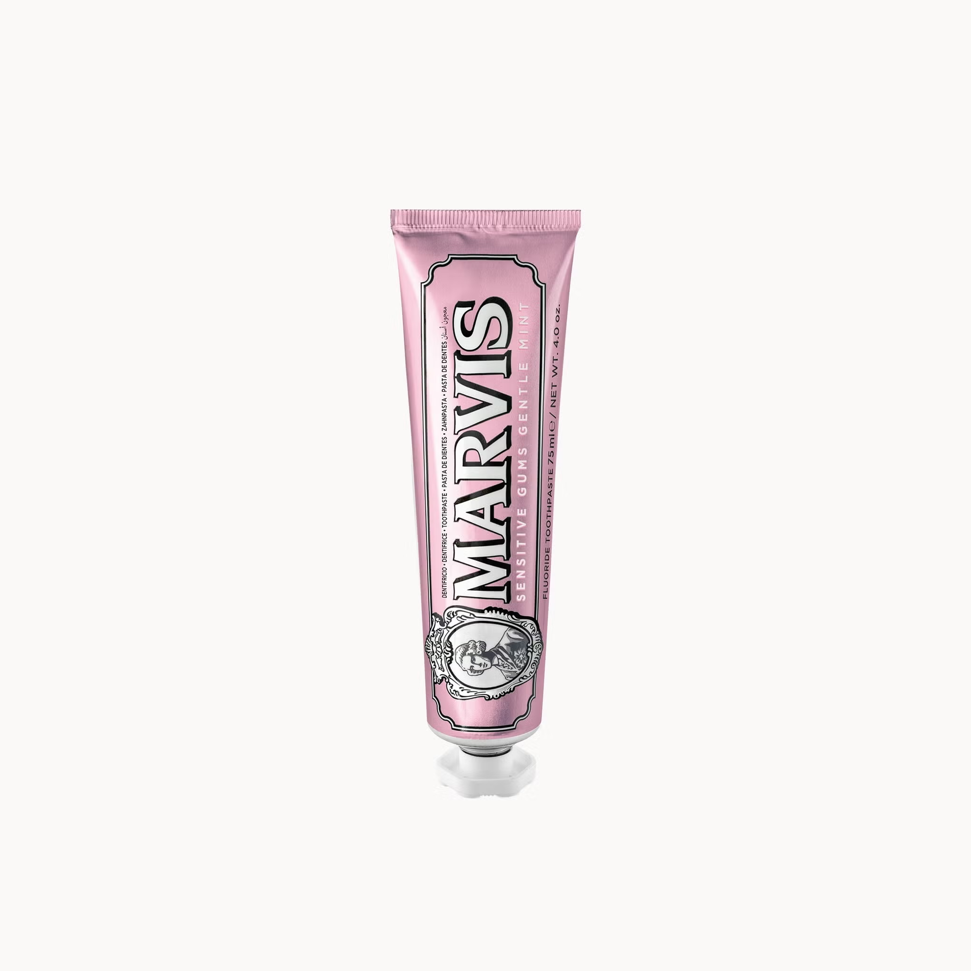 Marvis Sensitive Gums Gentle Mint toothpaste 75ml tube designed to protect sensitive gums while delivering fresh breath and effective plaque control for daily oral care