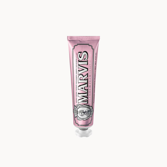 Marvis Sensitive Gums Gentle Mint toothpaste 75ml tube designed to protect sensitive gums while delivering fresh breath and effective plaque control for daily oral care