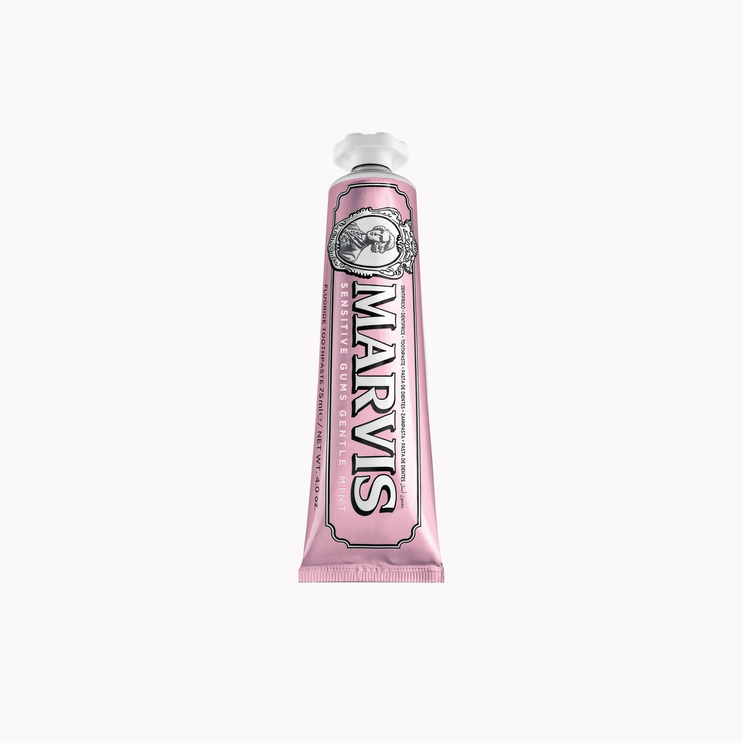 Marvis Sensitive Gums toothpaste with fluoride xylitol and allantoin helping soothe gums strengthen teeth and reduce plaque for improved oral hygiene