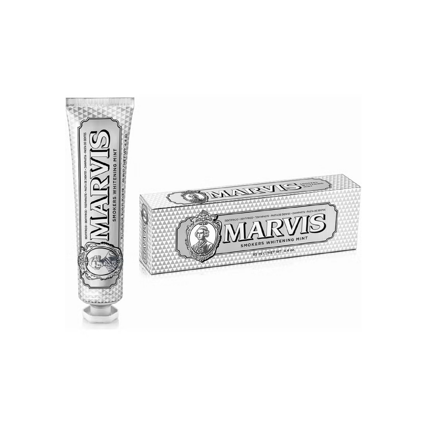 Marvis Smokers Whitening Mint toothpaste 85ml tube designed to remove smoking tea and coffee stains while helping maintain fresh breath and clean teeth