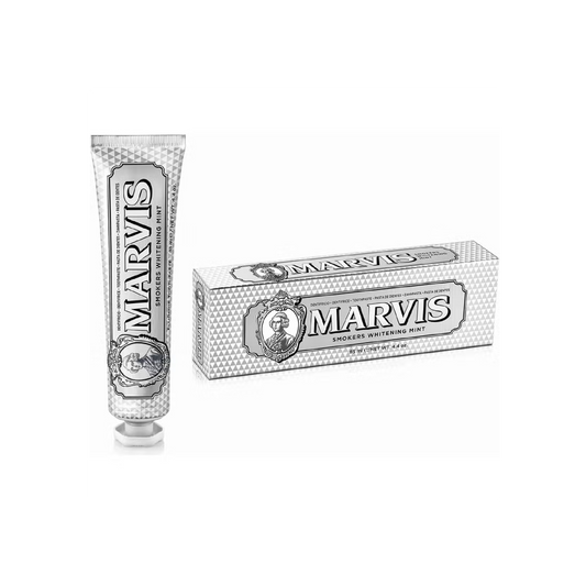 Marvis Smokers Whitening Mint toothpaste 85ml tube designed to remove smoking tea and coffee stains while helping maintain fresh breath and clean teeth