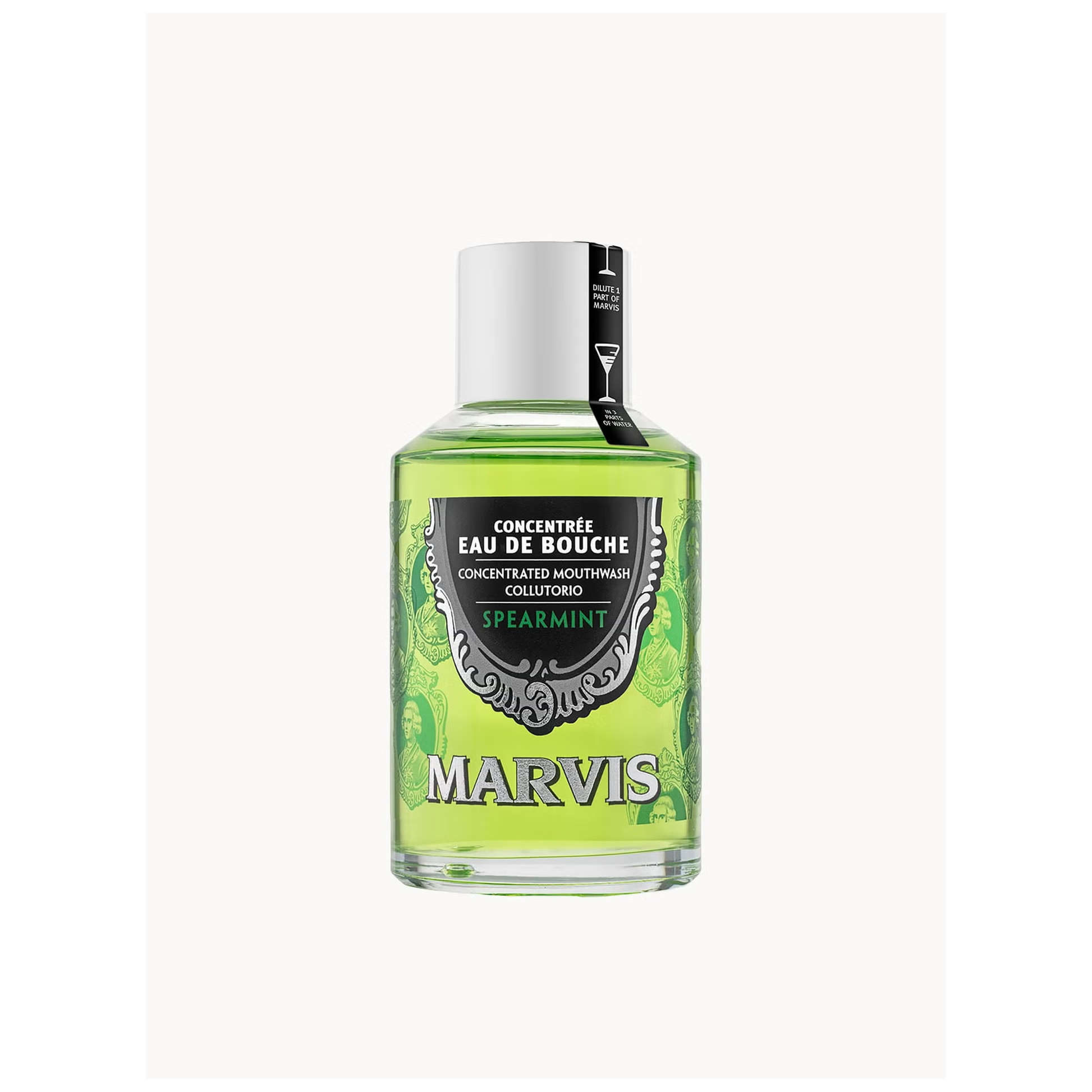 Marvis Spearmint concentrated mouthwash 120ml bottle designed to reduce bacteria fight plaque and deliver long lasting fresh breath as part of daily oral care routine