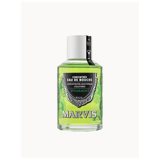 Marvis Spearmint concentrated mouthwash 120ml bottle designed to reduce bacteria fight plaque and deliver long lasting fresh breath as part of daily oral care routine