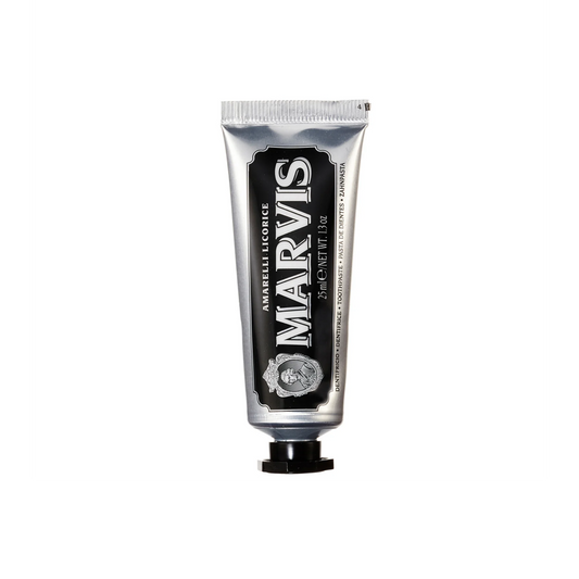 Marvis Amarelli Licorice Mint toothpaste 85ml tube delivering fresh breath and plaque removal while helping maintain clean healthy teeth with a unique liquorice mint flavour