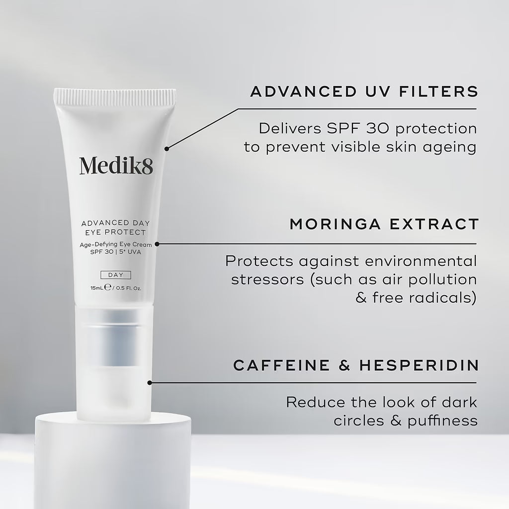 Medik8 Advanced Day Eye Protect SPF30 15ml featuring caffeine hesperidin and carnosine to visibly address puffiness dark circles and the appearance of the eye area
