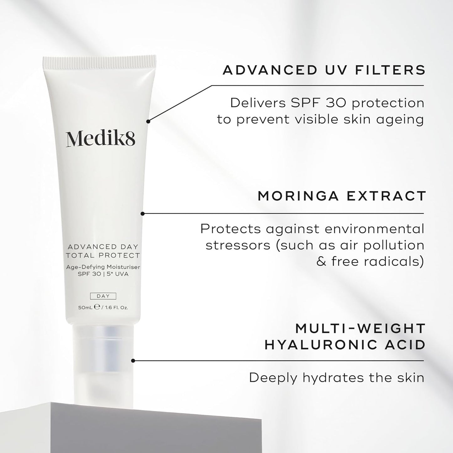 Medik8 Advanced Day Total Protect SPF30 50ml for all skin types seeking a daily SPF moisturiser with visible skin benefits and multi-layer hydration