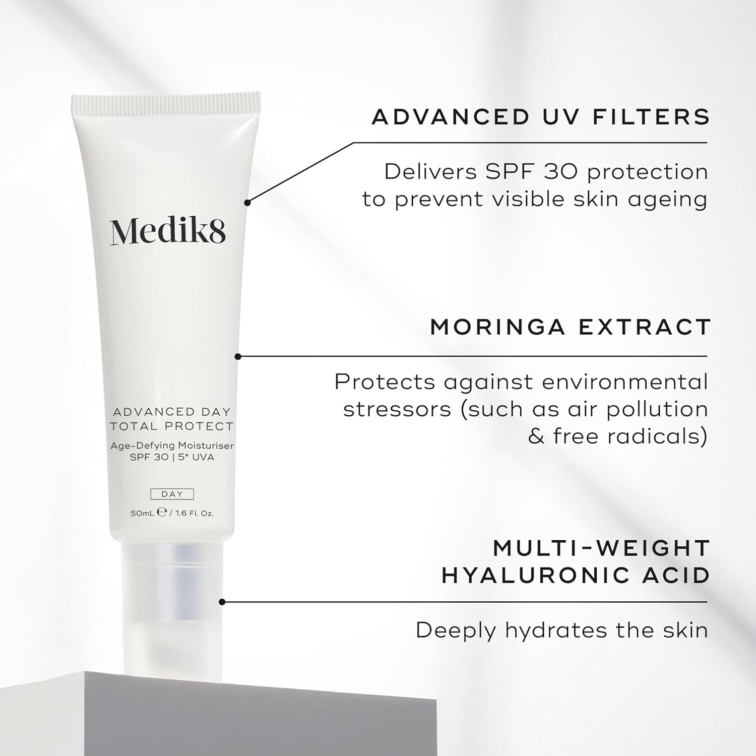 Medik8 Advanced Day Total Protect SPF30 50ml for all skin types seeking a daily SPF moisturiser with visible skin benefits and multi-layer hydration
