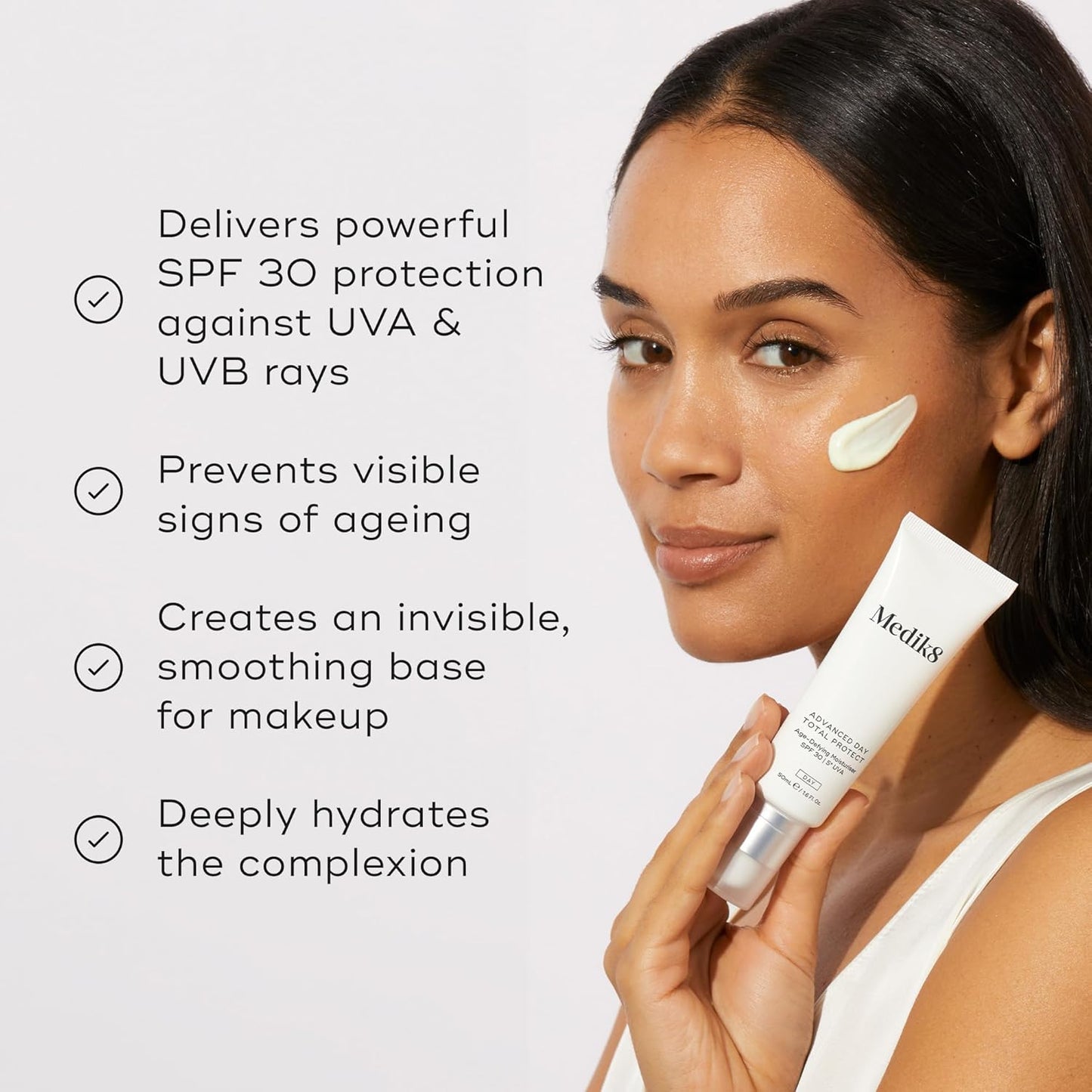 Medik8 Advanced Day Total Protect SPF30 50ml featuring multi-weight hyaluronic acid carnosine and moringa extract for lasting hydration and broad-spectrum UV defence