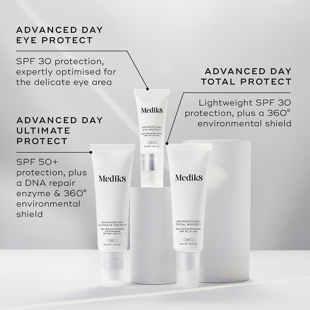 Medik8 Advanced Day Ultimate Protect SPF50+ 50ml featuring encapsulated photolyase blueberry seed oil and carnosine for visible UV defence and skin protection