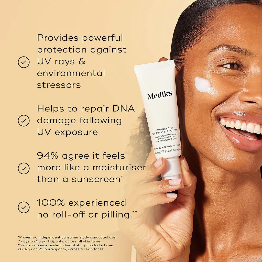Medik8 Advanced Day Ultimate Protect SPF50+ 50ml fragrance-free alcohol-free daily SPF for year-round use suitable for all skin types in every season
