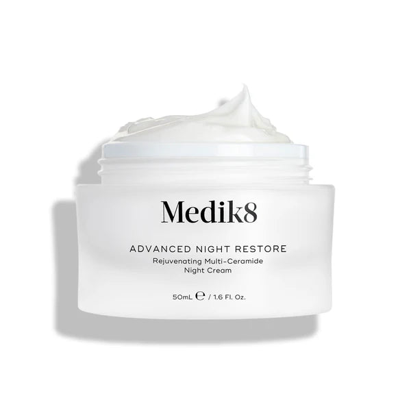 Medik8 Advanced Night Restore 50ml featuring saskatoon berry extract dragon fruit and snow mushroom for overnight antioxidant nourishment and skin barrier repair
