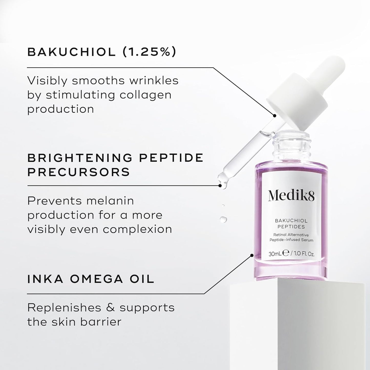 Medik8 Bakuchiol Peptides with bakuchiol, Centella Asiatica and Inka Omega Oil for gentle visible skin renewal and barrier support