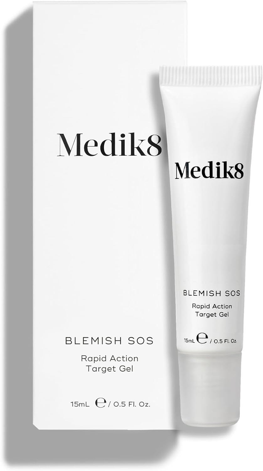 Medik8 Blemish SOS 15ml featuring azelaic acid salicylic acid and niacinamide to visibly reduce the appearance of blemishes and calm visible redness
