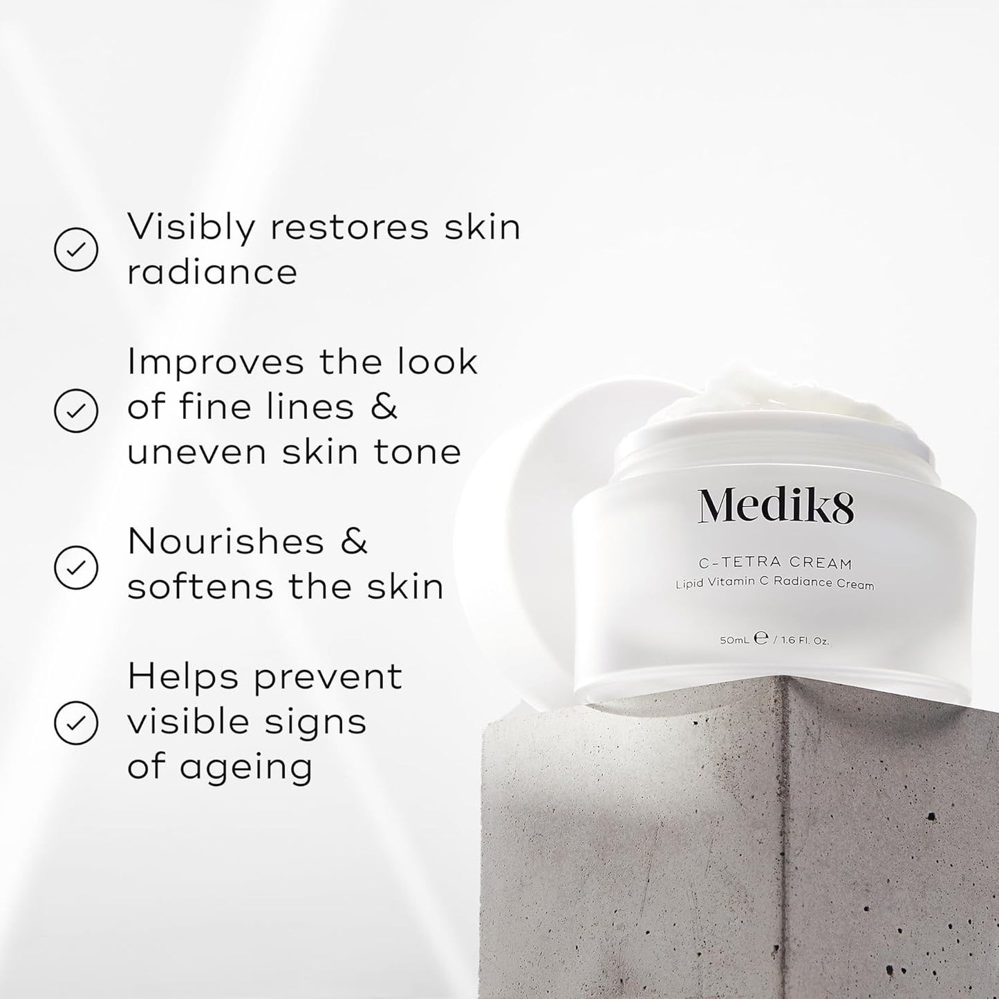 Medik8 C-Tetra Cream for all skin types used each morning to help smooth the appearance of fine lines and encourage a more radiant supple complexion