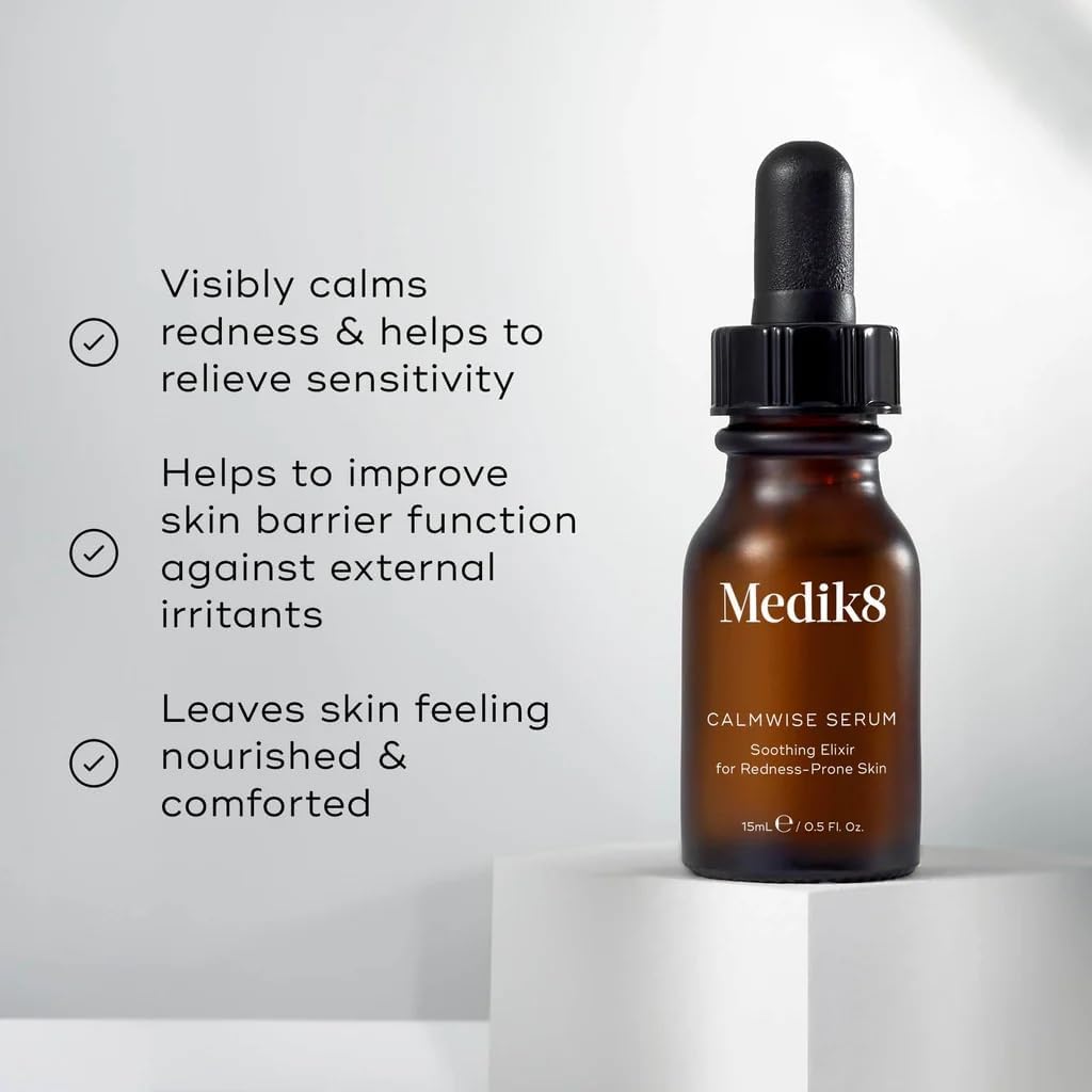 Medik8 Calmwise Serum 15ml for sensitised reactive and acne-prone skin types seeking a fragrance-free alcohol-free serum for a visibly calmer complexion