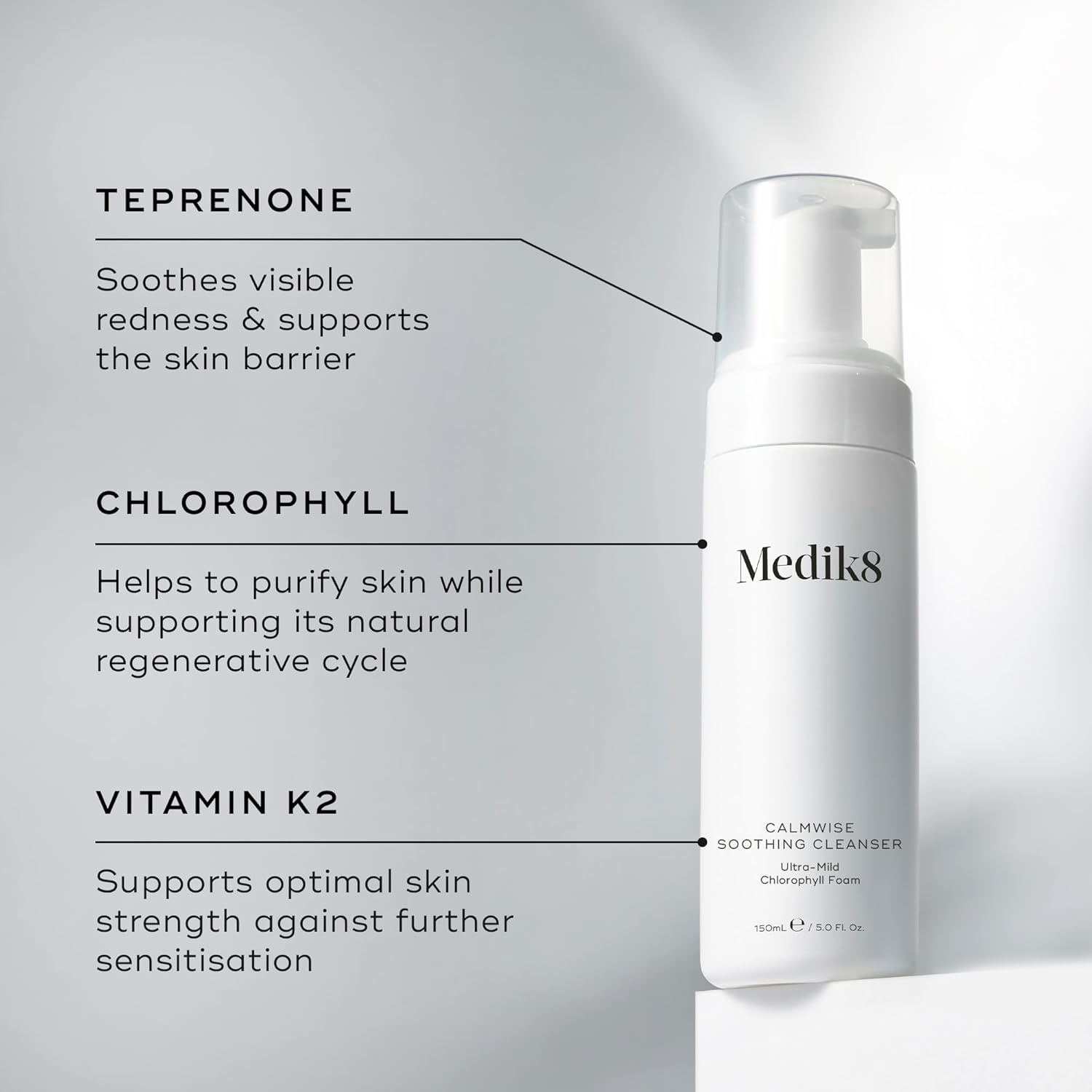 Medik8 Calmwise Soothing Cleanser 150ml featuring teprenone vitamin K2 and chlorophyll to visibly support the skin barrier and reduce the appearance of redness