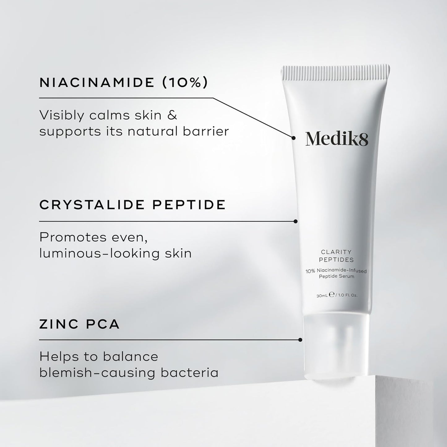 Medik8 Clarity Peptides featuring Crystalide peptide, niacinamide and zinc PCA for visible skin clarity skin tone evening and luminosity