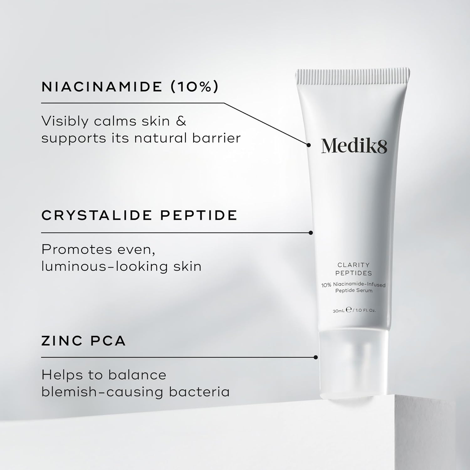 Medik8 Clarity Peptides featuring Crystalide peptide, niacinamide and zinc PCA for visible skin clarity skin tone evening and luminosity