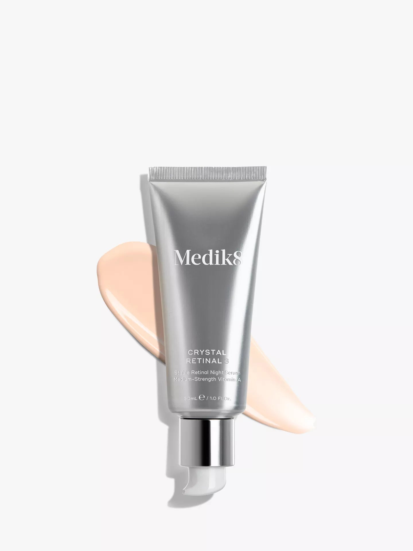 Medik8 Crystal Retinal 3 Night Serum featuring stabilised retinaldehyde and hyaluronic acid to renew and deeply hydrate skin overnight