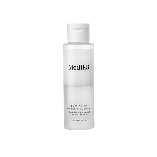 ALT 1 (Hero): Medik8 Eyes and Lips Micellar Cleanser 100ml triple-phase micellar formula with hyaluronic acid and vitamin B5 to gently remove waterproof eye and lip makeup