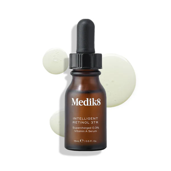 Medik8 Intelligent Retinol 3TR featuring time-release retinol technology with jojoba oil and vitamin E for gentle overnight skin renewal