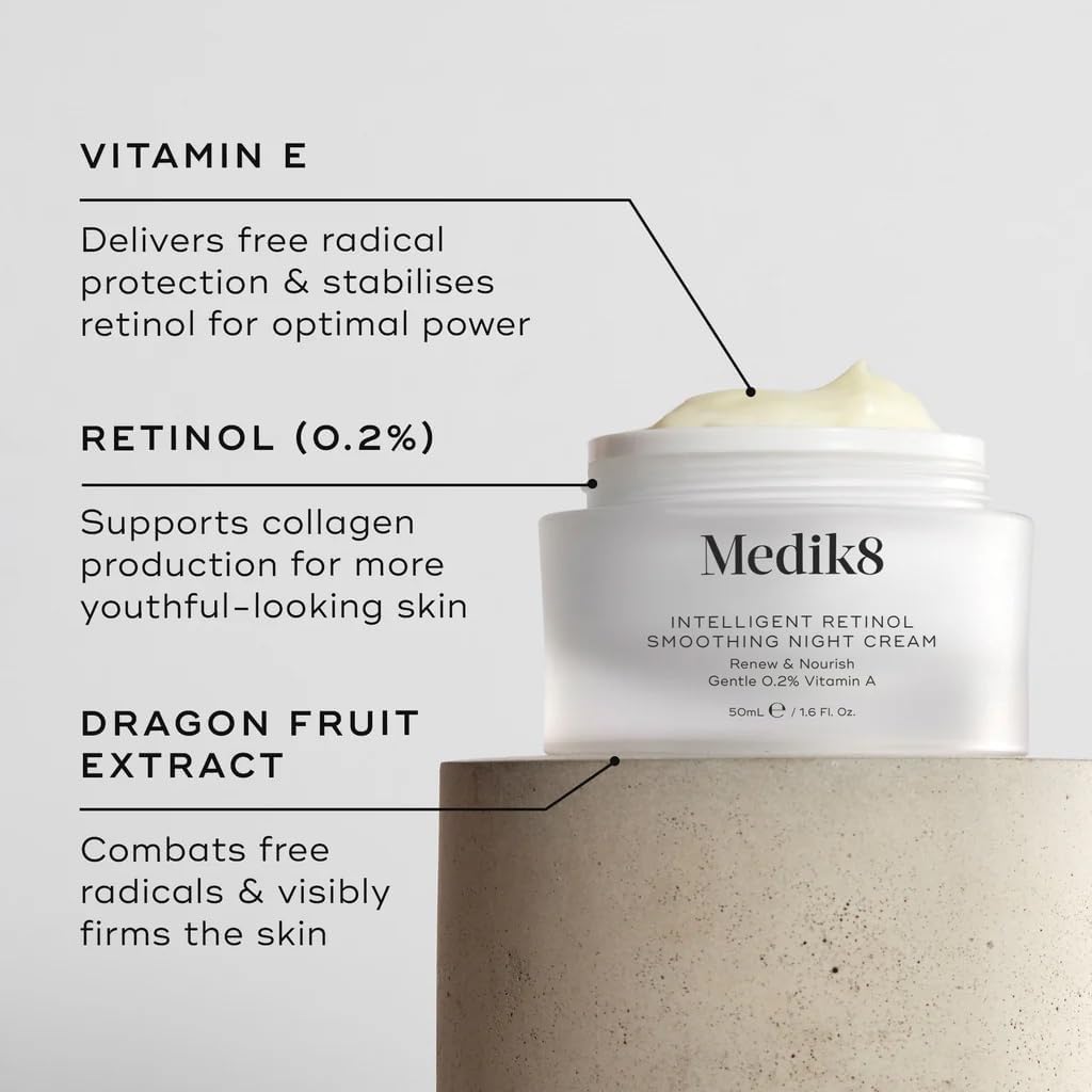Medik8 Intelligent Retinol Smoothing Night Cream 50ml for retinol beginners seeking visible anti-ageing results with a nourishing 2-in-1 night moisturiser