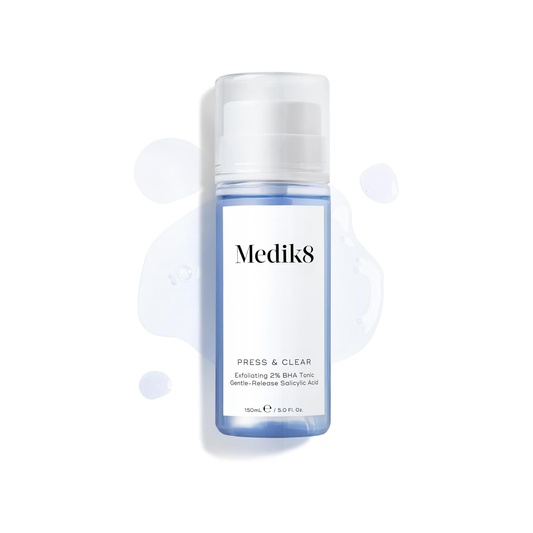 Medik8 Press and Clear 150ml daily 2% salicylic acid BHA toner with tranexamic acid for visibly clearer decongested and more even-toned skin