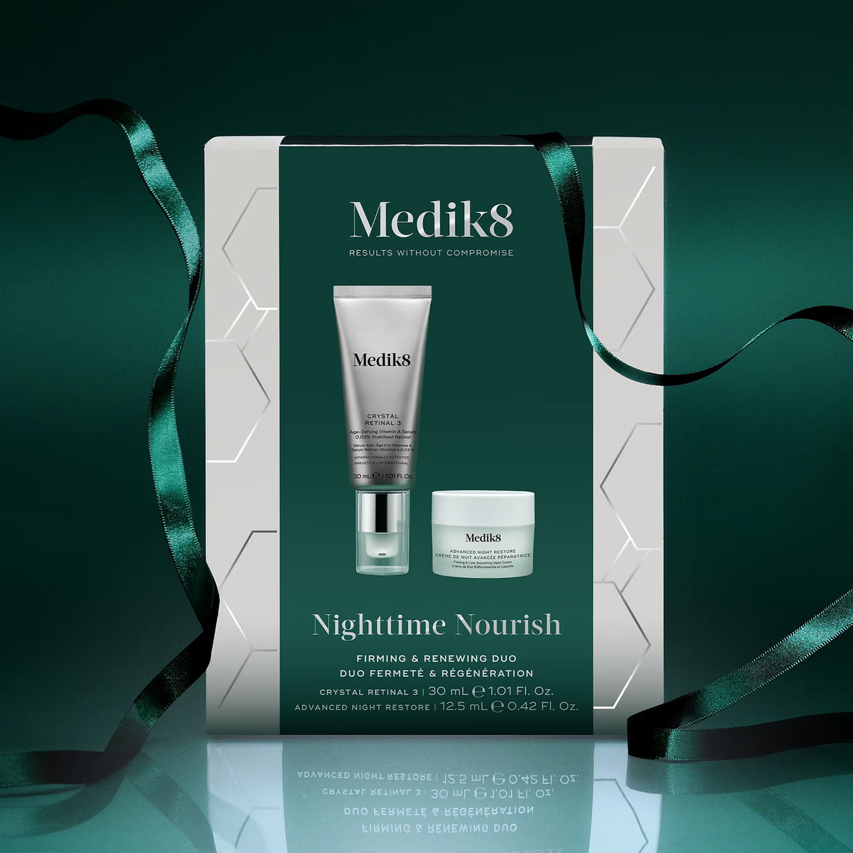 Medik8 Nighttime Nourish Crystal Retinal 3 Gift Set for dull skin helps boost the look of radiance and firmness as part of your night care.