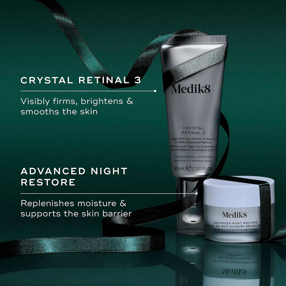 Medik8 Nighttime Nourish Crystal Retinal 3 Gift Set pairs serum and night cream to help reduce the look of fine lines and keep skin soft.