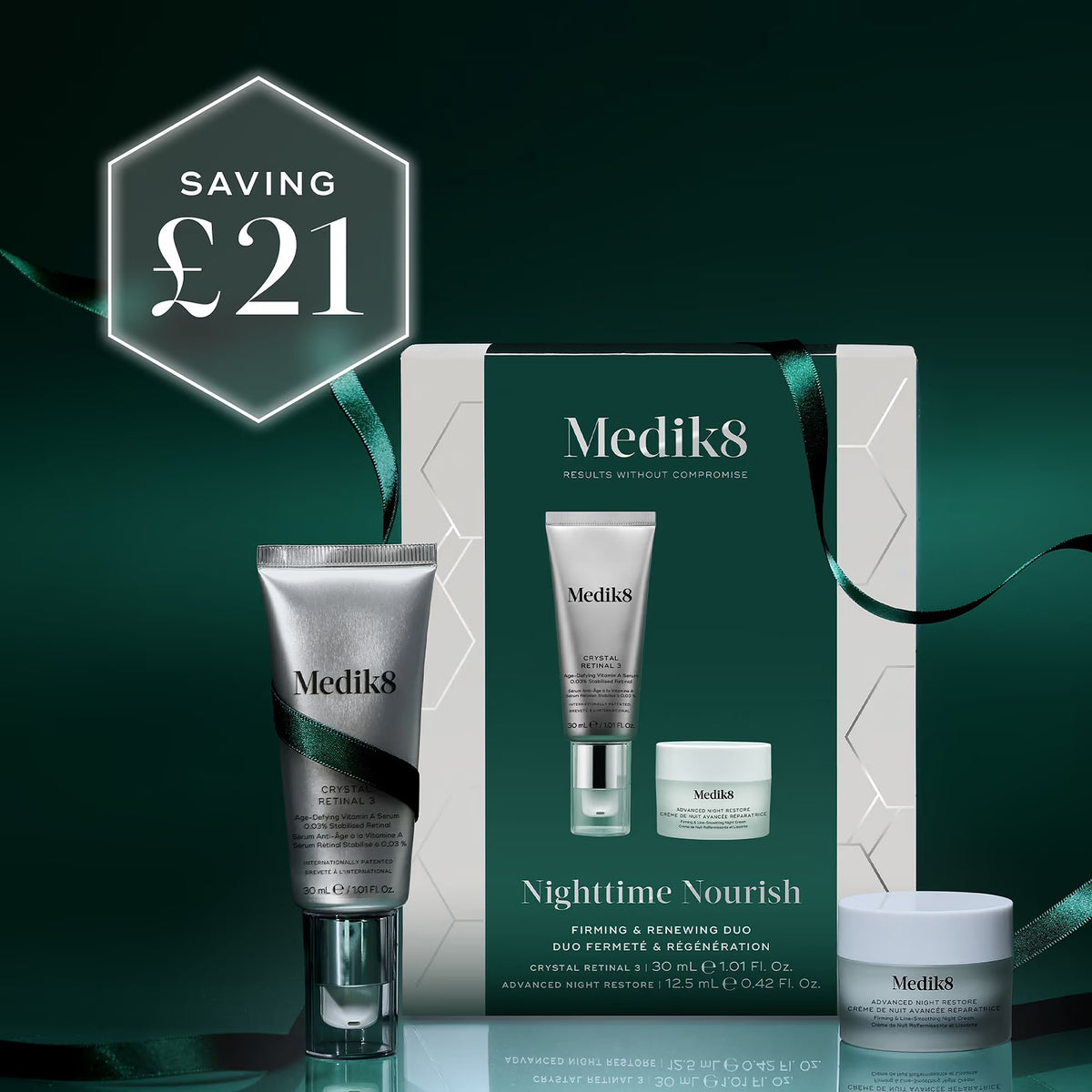 Medik8 Nighttime Nourish Crystal Retinal 3 Gift Set 30ml and 12.5ml helps smooth skin and nourish it at night for a soft and supple feel.