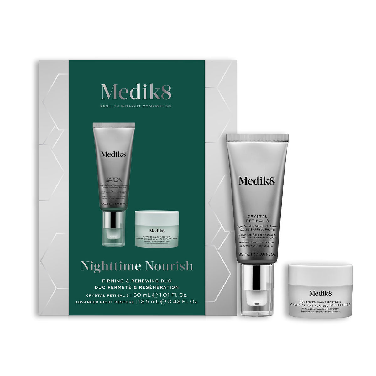 Medik8 Nighttime Nourish Crystal Retinal 3 Gift Set with retinal helps smooth the look of fine lines for skin that looks fresh and even.