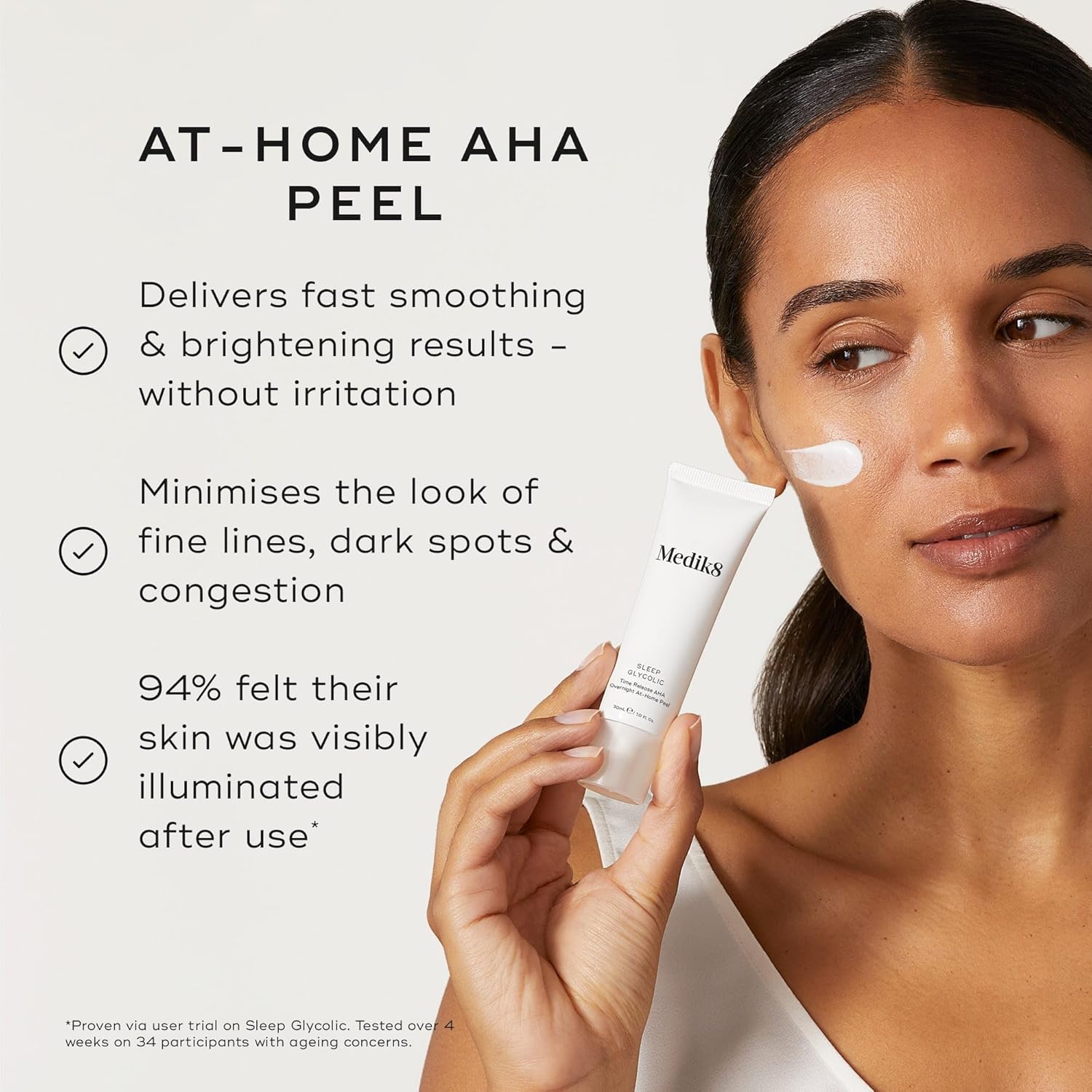 Medik8 Sleep Glycolic featuring crystal-encapsulated glycolic acid, Korean clover extract and glycerin for gentle overnight exfoliation and hydration