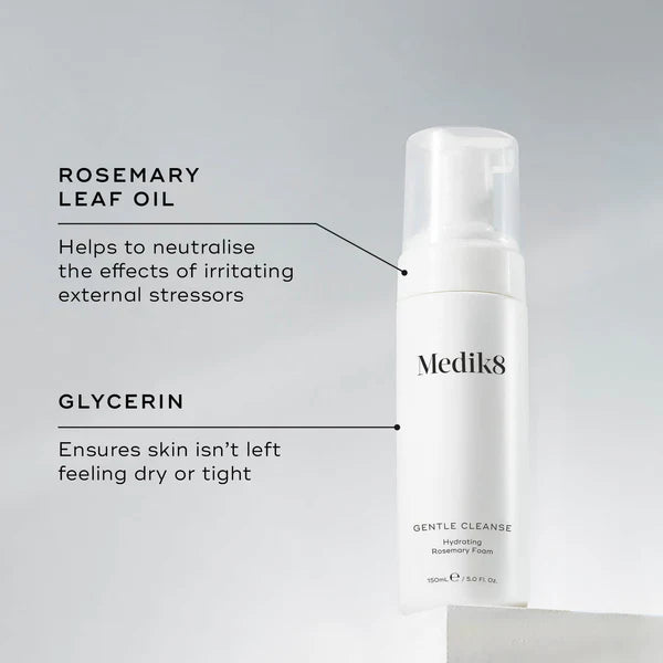 Medik8 Gentle Cleanse with Rosemary Leaf Oil and Glycerin to help neutralise external stressors and maintain hydration on sensitive skin