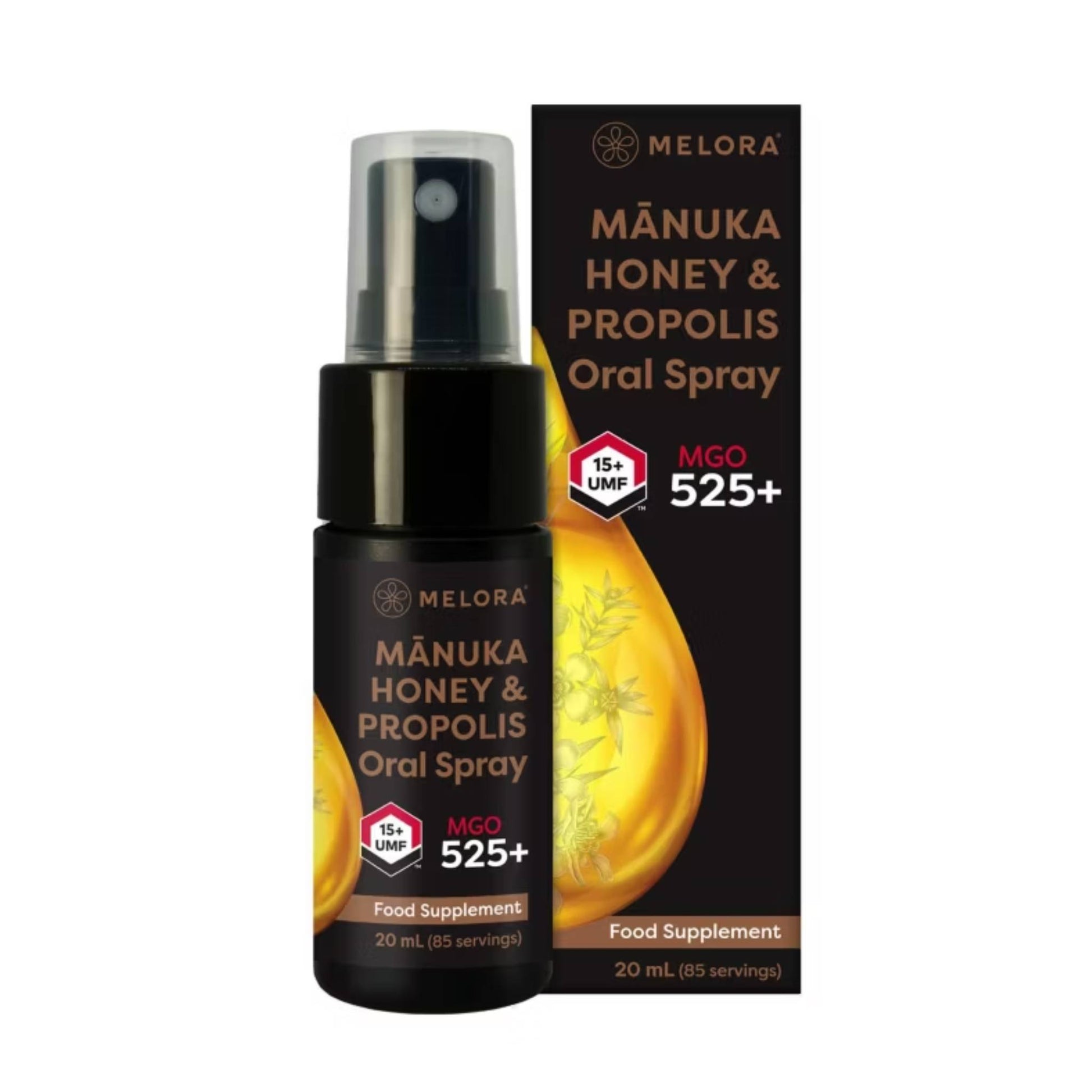Melora Propolis Oral Spray High Strength 525 MGO 20ml with UMF 15+ Manuka Honey, natural throat and mouth support in a compact spray, New Zealand origin