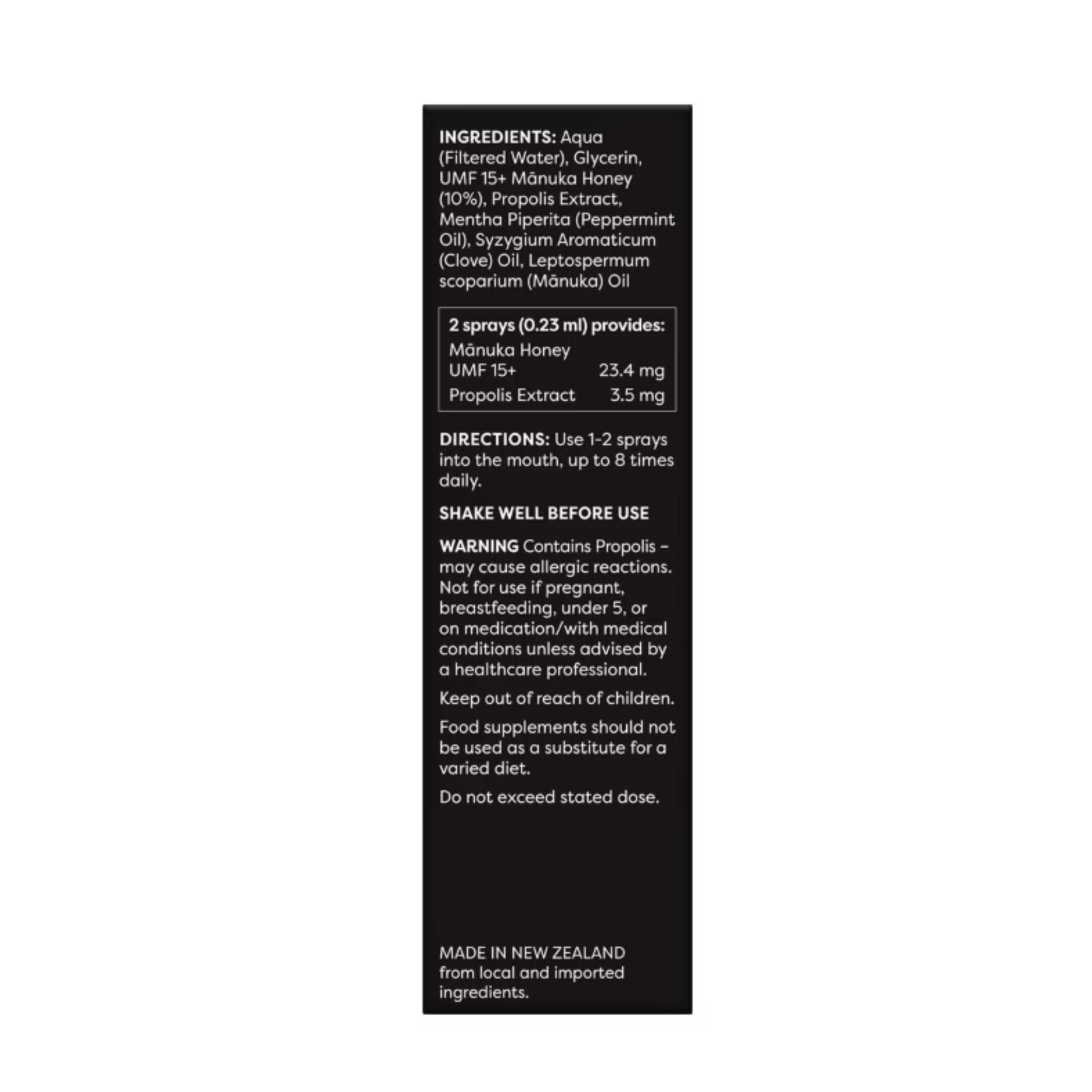 Melora Propolis Oral Spray for adults seeking natural throat support, 1 to 3 pumps directly into the mouth or onto the back of the throat as needed