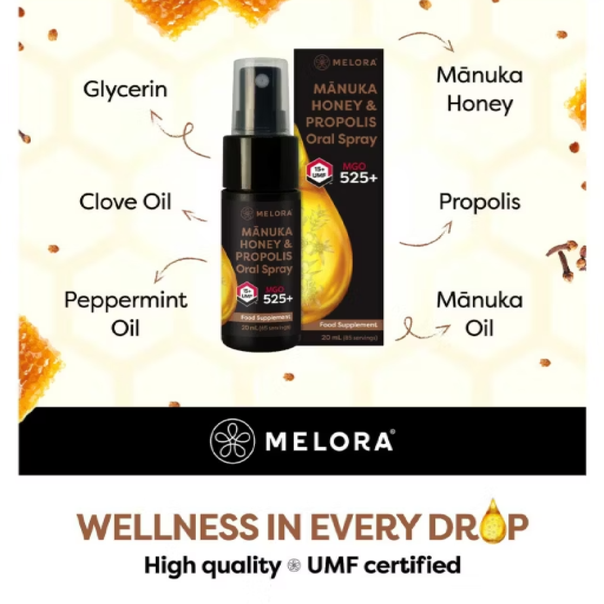 Melora Manuka Honey Propolis Spray with propolis extract, manuka oil and peppermint oil, rich in bioflavonoids for natural oral care and fresh breath