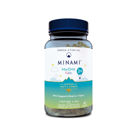 Minami MorDHA Kids omega 3 capsules 60 softgels orange flavour providing high DHA and EPA for children’s brain development and healthy growth