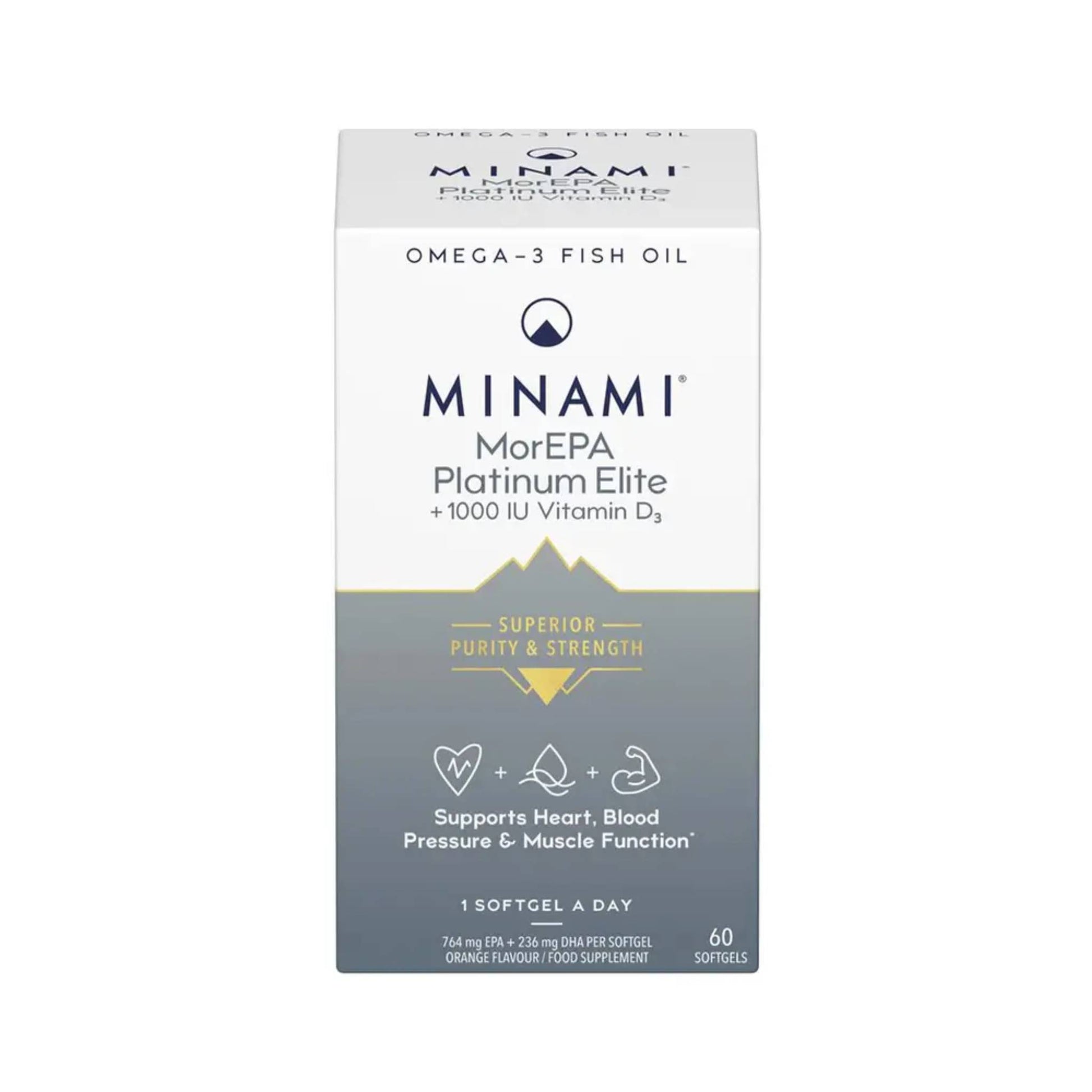 Minami MorEPA Platinum Elite 60 Softgels with up to 95% omega-3 concentration per softgel and 1000 IU Vitamin D3, premium fish oil for active individuals