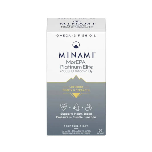 Minami MorEPA Platinum Elite 60 Softgels with up to 95% omega-3 concentration per softgel and 1000 IU Vitamin D3, premium fish oil for active individuals