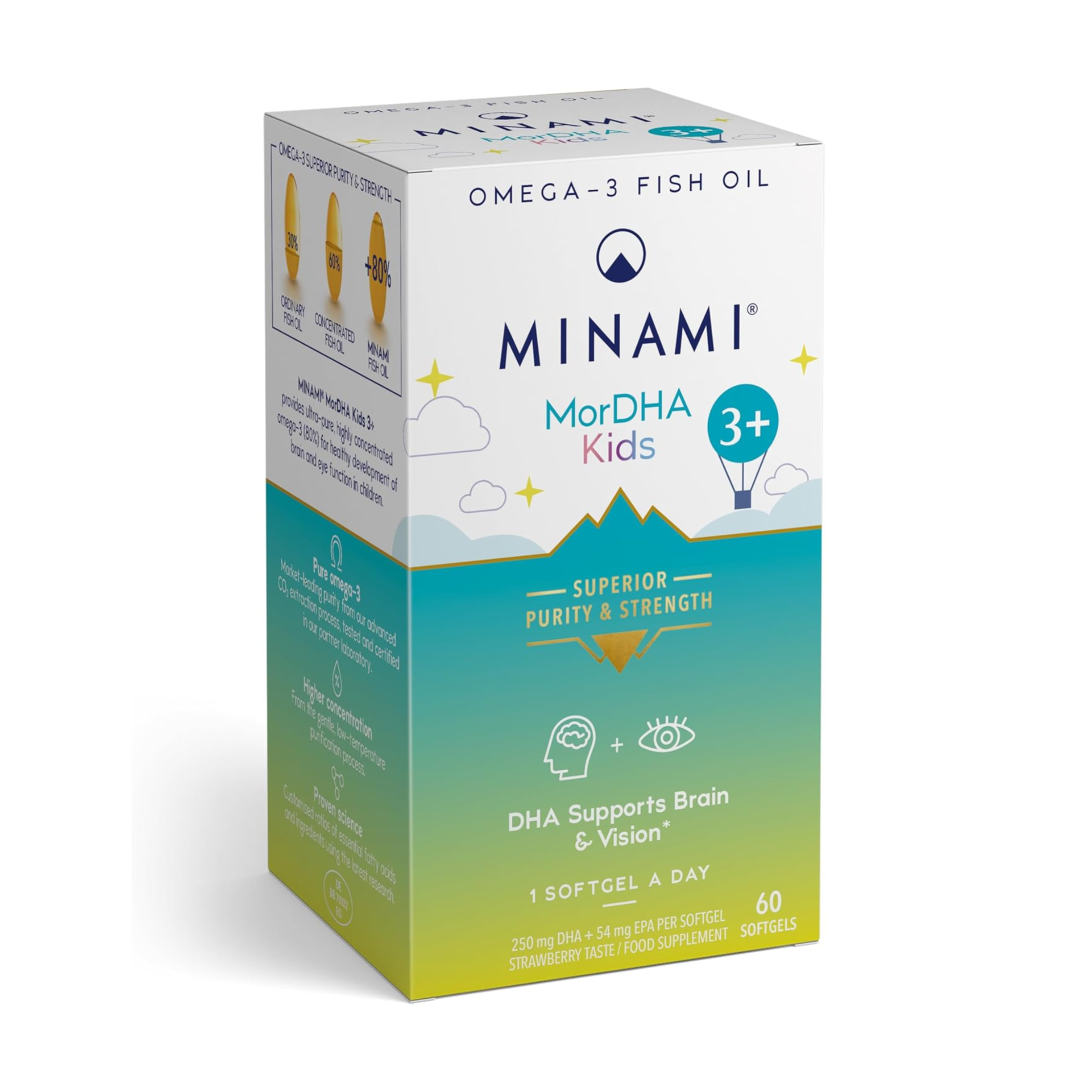 Minami omega 3 capsules for children aged 3+ supporting brain function focus and overall development with easy daily softgels or mixed into food