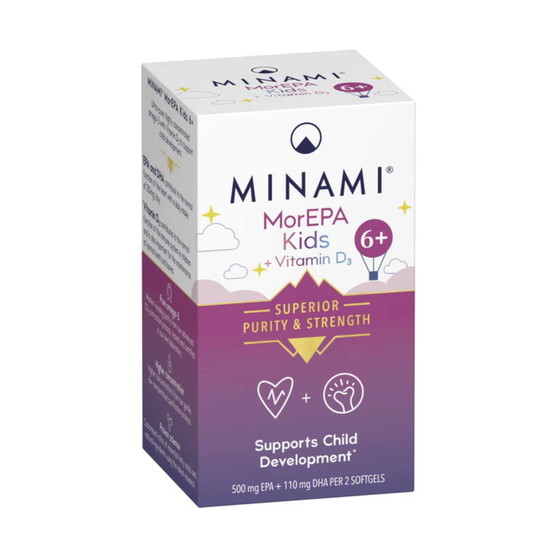 Minami omega 3 capsules for children aged 6+ supporting brain development focus and bone strength with easy daily softgels or mixed into food