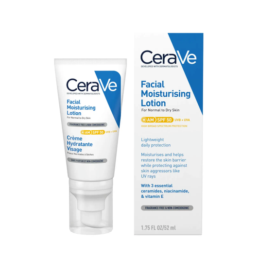 CeraVe Moisturising Face Cream SPF50 52ml with ceramides and niacinamide for daily UVA UVB protection on normal to dry skin
